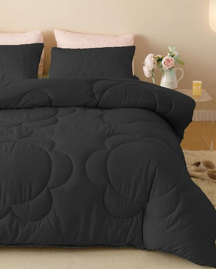 Black Flower Comforter Full Black Flower Print Bed Full Comforter Set 3 Pieces Dark Black Floral Comforter Set for Boys Girls Teens Bedroom Decor All Season Hotel Quality Comforter Set - LeafyLoom