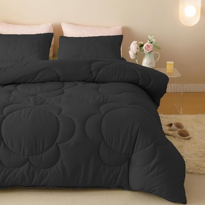 Black Flower Comforter Full Black Flower Print Bed Full Comforter Set 3 Pieces Dark Black Floral Comforter Set for Boys Girls Teens Bedroom Decor All Season Hotel Quality Comforter Set - LeafyLoom