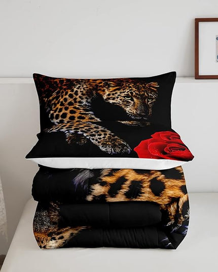 Erosebridal Leopard Comforter Set Queen Size,Red Rose Cheetah Bedding Set,Cat Leopard Print Down Comforter, Romantic Floral Quilted Duvet, Safari Animal Quilt Set, Stylish Bedroom Decor, Black - LeafyLoom