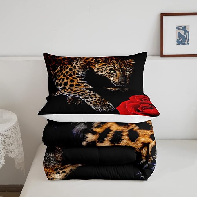 Erosebridal Leopard Comforter Set Queen Size,Red Rose Cheetah Bedding Set,Cat Leopard Print Down Comforter, Romantic Floral Quilted Duvet, Safari Animal Quilt Set, Stylish Bedroom Decor, Black - LeafyLoom