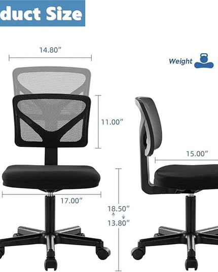 Armless Mesh Task Low Back Ergonomic Home Computer Rolling Swivel for Small Spaces, Height Adjustable, Black - LeafyLoom