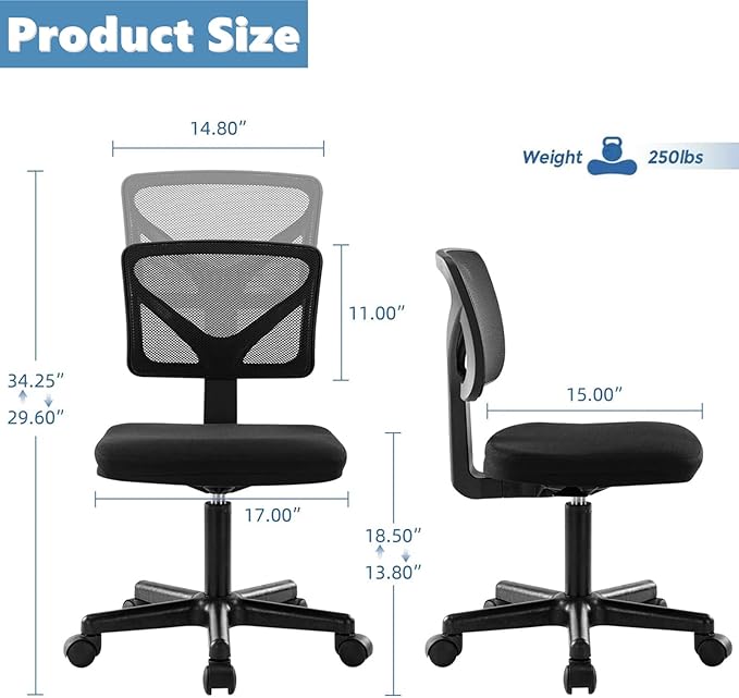 Armless Mesh Task Low Back Ergonomic Home Computer Rolling Swivel for Small Spaces, Height Adjustable, Black - LeafyLoom