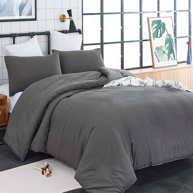 Grey Comforter Set Twin Pure Dark Gray Beddig Set for Kids Teens Adult Solid Gray Color Bedding Set Lightweight Durable Gray Blanket Quilts Set - LeafyLoom