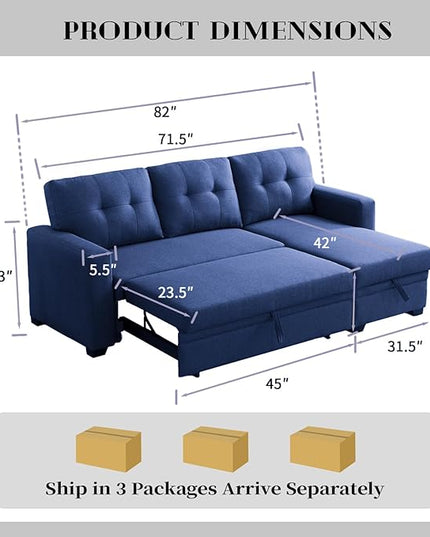 4-in-1 L Shaped Pull Out Convertible Modular Sectional Sofa Bed for Living Room Furniture Sets, Comfy Couch with Reversible Storage Chaise Upholstered for Apartment, Studio, Office - Blue - LeafyLoom