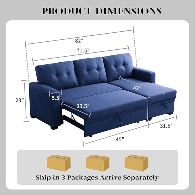 4-in-1 L Shaped Pull Out Convertible Modular Sectional Sofa Bed for Living Room Furniture Sets, Comfy Couch with Reversible Storage Chaise Upholstered for Apartment, Studio, Office - Blue - LeafyLoom
