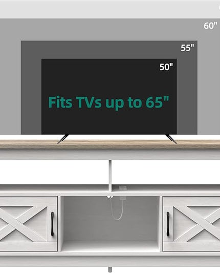 YITAHOME TV Stand for 65 Inch TV with Power Outlet, Farmhouse TV Media Console Table with Storage Cabinets and Open Shelf, Mid Century Modern Entertainment Center for Living Room, Grey White/Grey Wash - LeafyLoom