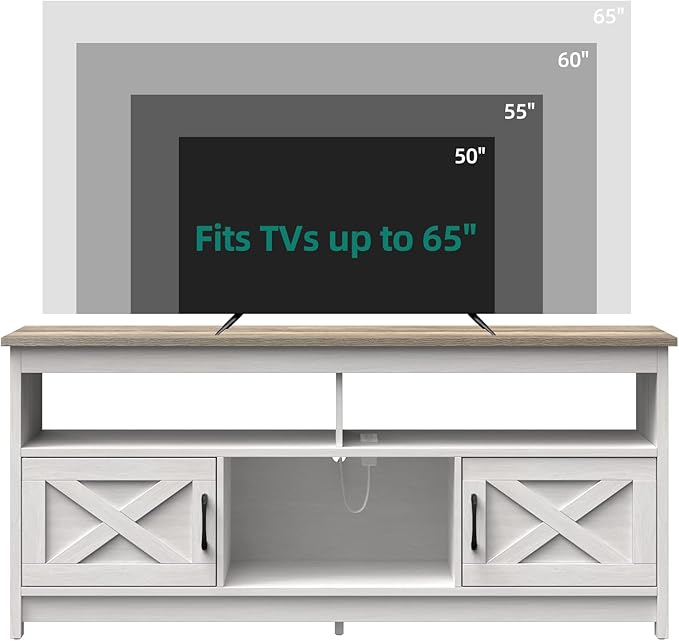 YITAHOME TV Stand for 65 Inch TV with Power Outlet, Farmhouse TV Media Console Table with Storage Cabinets and Open Shelf, Mid Century Modern Entertainment Center for Living Room, Grey White/Grey Wash - LeafyLoom