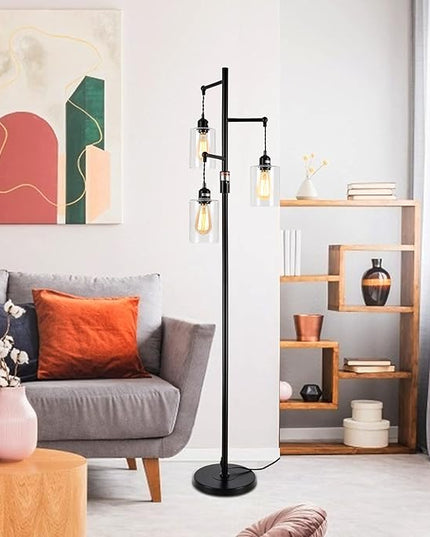 Airposta Industrial Floor Lamp with On/Off Dimmable Switch, 3-Head Rustic Tree Standing Lamp, Edison Bulb 40W Retro Tall Glass Floor Light for Living Room, Reading, Office, Bedroom, Black - LeafyLoom
