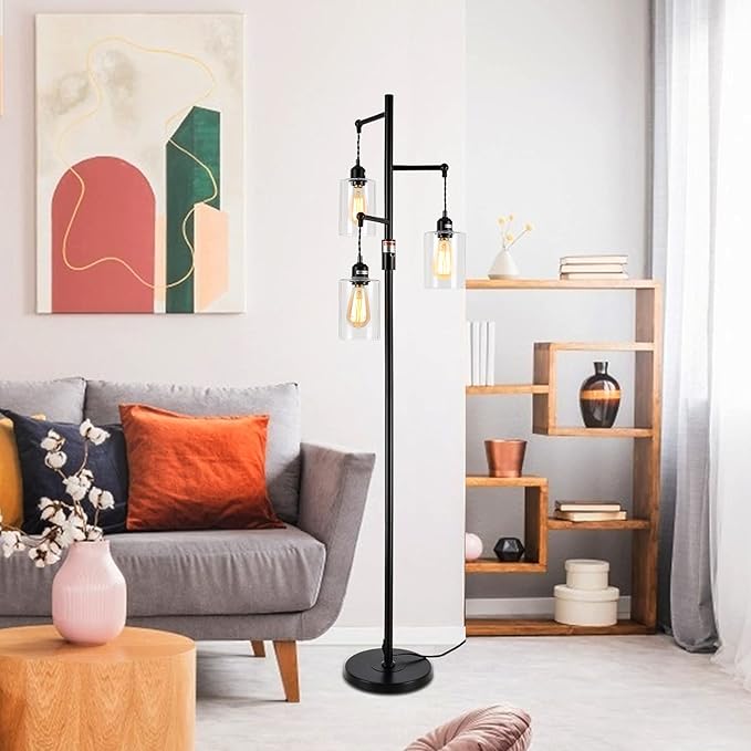 Airposta Industrial Floor Lamp with On/Off Dimmable Switch, 3-Head Rustic Tree Standing Lamp, Edison Bulb 40W Retro Tall Glass Floor Light for Living Room, Reading, Office, Bedroom, Black - LeafyLoom