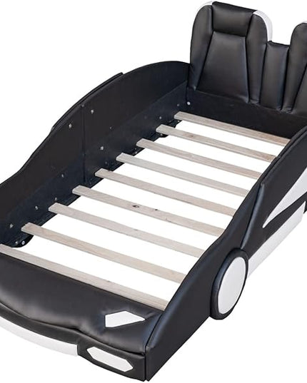 Twin Size Race Car Bed Platform Bed with Wheels and Side Rails,Bed Frame W/Two Seats Headboard,for Kids Boys Girls Teens,Black - LeafyLoom