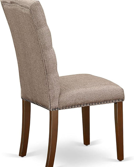 East West Furniture HBEL3-MAH-16 Hartland 3 Piece Room Furniture Set Contains a Round Dining Table with Pedestal and 2 Dark Khaki Linen Fabric Upholstered Chairs, 42x42 Inch - LeafyLoom