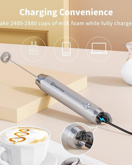 Maestri House Rechargeable Milk Frother with Stand, Handheld Electric Foam Maker Waterproof Detachable Stainless Steel Whisk Drink Mixer Foamer for Lattes, Cappuccino - LeafyLoom