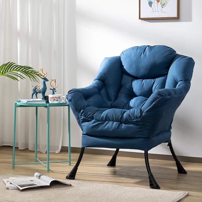 HollyHOME Modern Fabric Large Lazy Chair, Accent Oversized Comfy Reading Chair, Thick Padded Cozy Lounge Chair with Armrest, Steel Frame Leisure Sofa Chair for Living Room, Bedroom, Dorm, Navy Blue - LeafyLoom