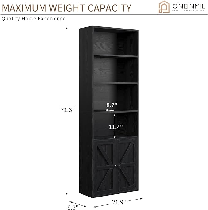 oneinmil 6 Tier Bookshelf and Bookcase, Wooden Bookshelves with Cabinet Doors, Floor Bookshelves and Office Storage Cabinets for Home Office, Living Room,Black - LeafyLoom