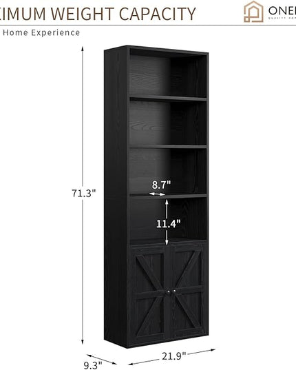oneinmil 6 Tier Bookcase Set of 2,Wooden Bookshelves with Cabinet Doors, Floor Bookshelf and Office Storage Cabinets for Living Room,Black - LeafyLoom