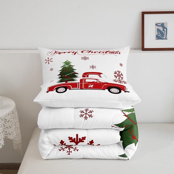 Christmas Tree Comforter Set Twin Size Red Truck Bedding Set Boys Girls Red Xmas Gift Snowflakes Comforter for Teens Bedroom Decor Elk Deer Christmas Decorations Bedding Duvet Set - LeafyLoom