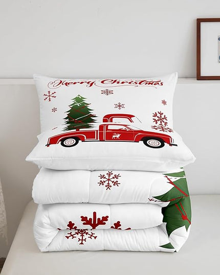 Christmas Tree Comforter Set Full Size Red Truck Bedding Set Boys Girls Red Xmas Gift Snowflakes Comforter for Teens Bedroom Decor Elk Deer Christmas Decorations Bedding Duvet Set - LeafyLoom
