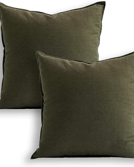 Jeanerlor 18"x18" Solid Cotton Linen Decoration Green Throw Pillow Case with Zipper Cushion Case Pillow Cover Decorative Pillowcase for Chair/Bed/Couch, (45 x 45cm),2 Packs, Olive Green - LeafyLoom