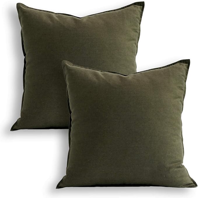 Jeanerlor 18"x18" Solid Cotton Linen Decoration Green Throw Pillow Case with Zipper Cushion Case Pillow Cover Decorative Pillowcase for Chair/Bed/Couch, (45 x 45cm),2 Packs, Olive Green - LeafyLoom