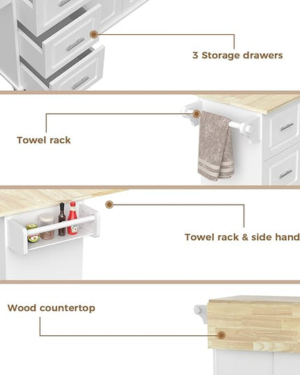54" Large Kitchen Island Cart with Drop Leaf, Kitchen Island with Storage, Rolling Kitchen Island with Inside Cabinet, 3 Drawers, Spice Rack, Towel Rack and Wood Tabletop(White) - LeafyLoom