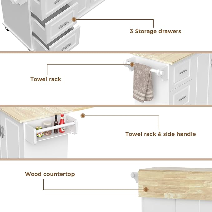 54" Large Kitchen Island Cart with Drop Leaf, Kitchen Island with Storage, Rolling Kitchen Island with Inside Cabinet, 3 Drawers, Spice Rack, Towel Rack and Wood Tabletop(White) - LeafyLoom