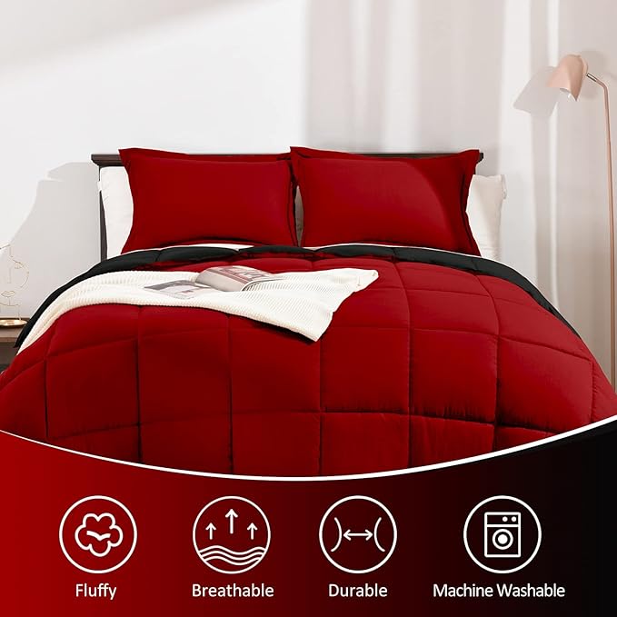 Basic Beyond King Size Comforter Set - Fluffy King Bed Comforter Set for All Seasons - Reversible Red Comforter Set King - 3 Pieces (1 Comforter + 2 Pillow Shams) - Red/Black - LeafyLoom
