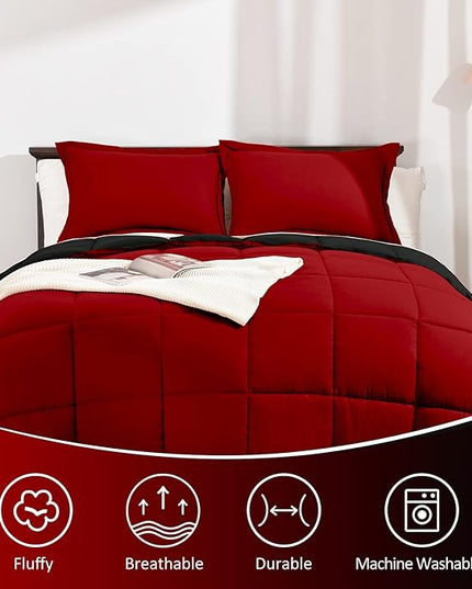 Basic Beyond Queen Comforter Set - Fluffy Comforter Queen Set for All Seasons - Reversible Red and Black Comforter Set Queen for Mens - 3 Pieces (1 Comforter + 2 Pillow Shams) - LeafyLoom