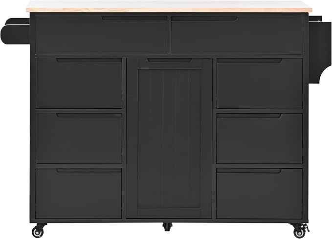 53Inch Kitchen Island Table with8 Handle-Free Drawers & Storage, Kitchen-Cart on Locking Wheels w/Rubber Wood Countertop, for Dinning Room, Coffee Bar - LeafyLoom