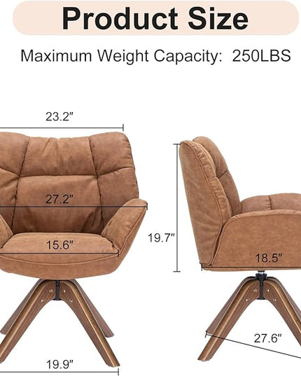 Faux Leather Accent Chair, Modern Cozy Vanity Chair with Wood Legs, Upholstered Single PU Leather Boucle Armchair for Living Room Bedroom Office Guest Room (Brown) - LeafyLoom