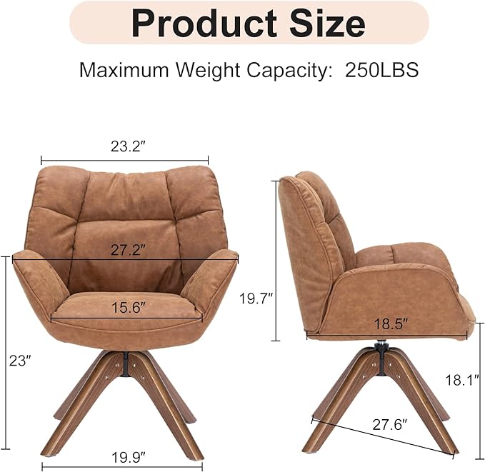 Faux Leather Accent Chair, Modern Cozy Vanity Chair with Wood Legs, Upholstered Single PU Leather Boucle Armchair for Living Room Bedroom Office Guest Room (Brown) - LeafyLoom