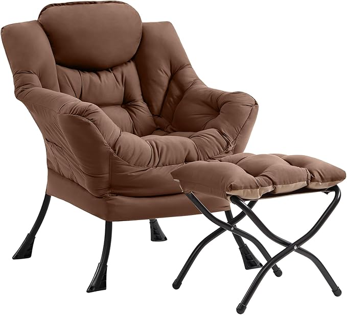 Cozy Lazy Chair and Ottoman, Large Contemporary Accent Lounge Chair Set, Leisure Upholstered Reading Armchair for Bedroom, Living Room, Dorm Rooms, Office - LeafyLoom