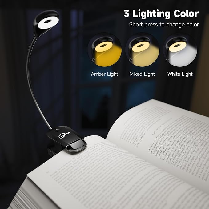 2 PACK Book Lights for Reading in Bed, 12 LEDs Rechargeable Clip Lamp with 3 Lighting Color, Stepless Dimming, Eye Protection, 80 Hours Runtime, 360° Flexible Gooseneck, Lightweight, Portable - LeafyLoom