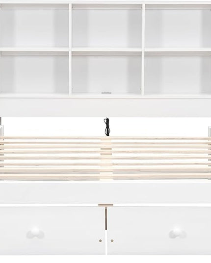 Full Size Platform Bed with Storage Headboard Bookcase, 2 Drawers Underneath and Charging Station, for Bedroom/Guest Room, White - LeafyLoom