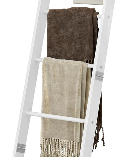 Blanket Ladder Shelf for Living Room, Decorative Wood Quilt Rack with 4 Removable Hooks, 5-Tier Farmhouse Ladder Holder Organizer for Bedroom, White BR02113W - LeafyLoom