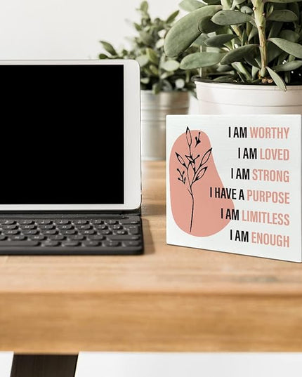 Home Office Desk Wooden Box Sign Decor, I Am Worthy Loved Strong, Inspirational Quotes Desk Decor Motivational Desk Decorations for Women Girls Teens Student Office Classroom School - LeafyLoom
