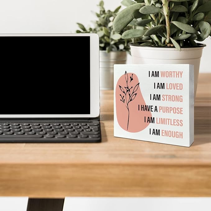 Home Office Desk Wooden Box Sign Decor, I Am Worthy Loved Strong, Inspirational Quotes Desk Decor Motivational Desk Decorations for Women Girls Teens Student Office Classroom School - LeafyLoom