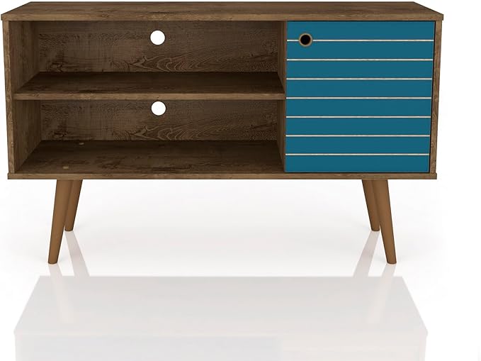 Manhattan Comfort Liberty Mid Century Modern TV Stand for Televisions up to 46 Inches, Bedroom and Living Room Entertainment Center with Storage, Shelves, and Cabinet, 43" Wide, Rustic Brown/Aqua - LeafyLoom