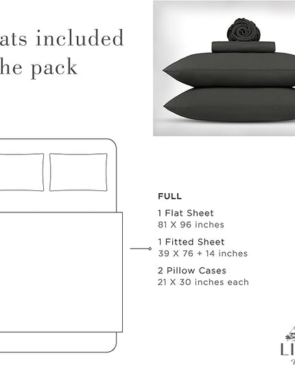 Linen Home Washed Cotton Percale Full Sheet Set, Charcoal, Deep Pocket, 4 Pieces Bed Sheets - 1 Flat Sheet, 1 Fitted Sheet & 2 Envelope Closure Pillowcases, Cool and Comfortable Bed Linen - LeafyLoom
