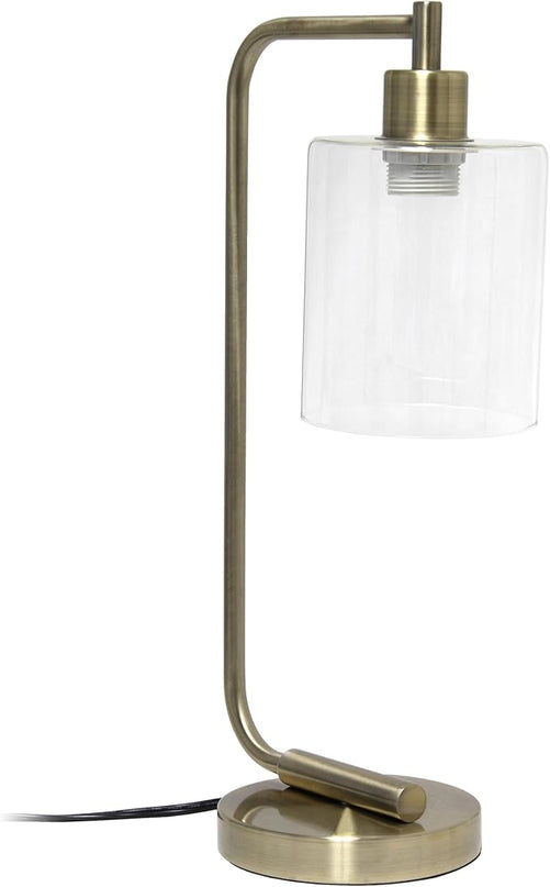 Simple Designs LD1036-ABS-LB 18.8" Industrial Bronson Antique Style Iron Lantern Desk Table Lamp with Glass Shade for Office, Living Room, Bedroom, Antique Brass, with Feit LED Bulb Included - LeafyLoom