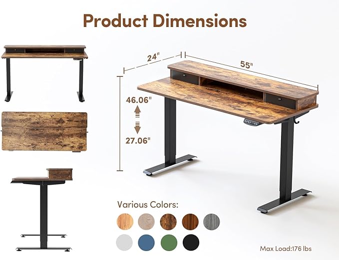 BANTI 55x24 Inch Electric Standing Desk with Double Drawers, Adjustable Height Stand Up Desk, Sit Stand Home Office Desk with Storage Shelf, Rustic Brown Top - LeafyLoom