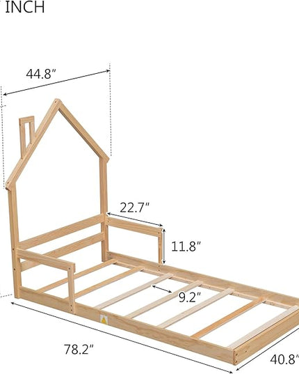 Bellemave Twin Size House-Shaped Headboard Floor Bed for Kids,Montessori Floor Bed with Handrails and Slats,Wood House Bed Twin for Girls,Boys(Twin,Natural) - LeafyLoom