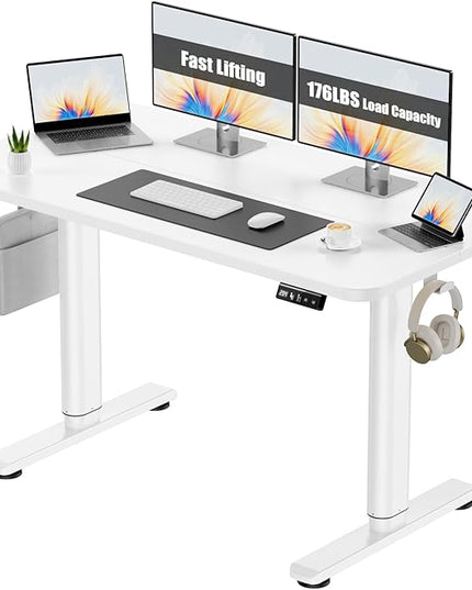 Electric Standing Desk Adjustable Height Stand Up Desk, 48" x 24" Sit Stand Desk, Low Noise Home Office Desk, Computer Desk with Splice Board, Child Lock & Memory Function, White - LeafyLoom