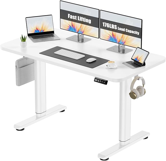 Electric Standing Desk Adjustable Height Stand Up Desk, 48" x 24" Sit Stand Desk, Low Noise Home Office Desk, Computer Desk with Splice Board, Child Lock & Memory Function, White - LeafyLoom