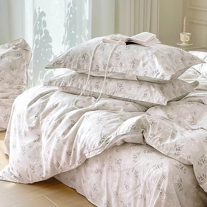 Nanko Beige Floral Comforter Set Queen Size 3 Pcs, Cream Tan Flower Print Pattern Soft Microfiber Down Alternative Duvet Insert, Farmhouse Bedding Sets Bed in a Bag for Women Men, 90 x 90 inch - LeafyLoom
