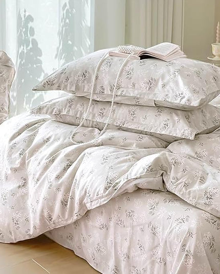 Nanko Beige Floral Comforter Set King Size 3 Pcs, Cream Tan Flower Print Pattern Soft Microfiber Down Alternative Duvet Insert, Farmhouse Bedding Sets Bed in a Bag for Women Men, 104 x 90 inch - LeafyLoom