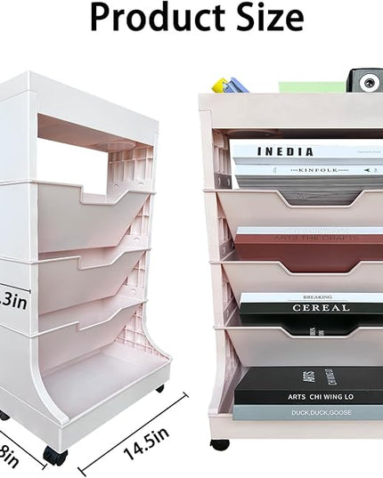 5-Tier Bookshelf, Book Storage Organization with Wheels Mobile Rolling Book Cart for Study in Bedroom School Office, Pink - LeafyLoom