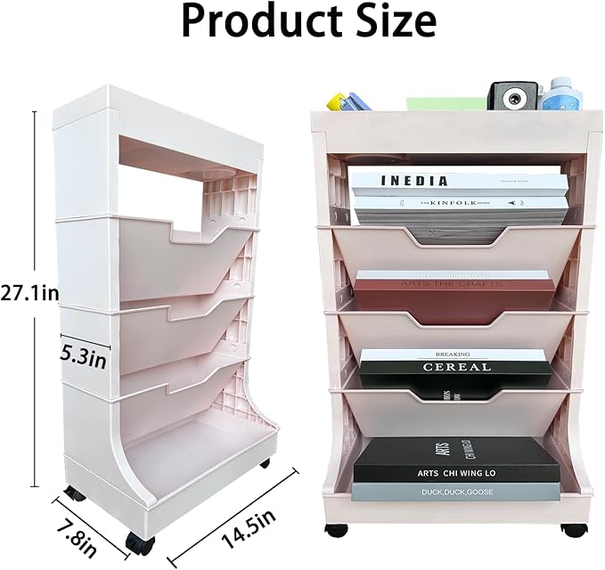 5-Tier Bookshelf, Book Storage Organization with Wheels Mobile Rolling Book Cart for Study in Bedroom School Office, Pink - LeafyLoom