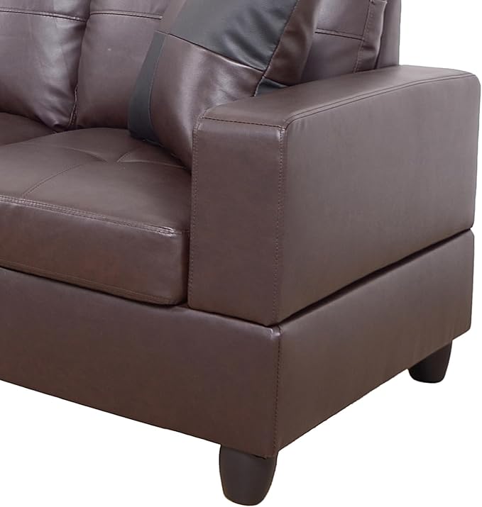 ROOMTEC Button L Shape 3 Piece Sectional Sofa Set, Upholstered Corner Couch with Storage Ottoman, Faux Leather Tufted Cushions, for Living Room, Apartment, 103inch, Deer Brown w/Right Chaise Lounge - LeafyLoom