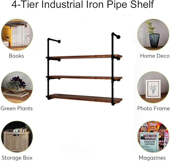 MUZIK 4 Tier Industrial Wall Mount Iron Pipe Shelf, Vintage Industrial Wall Mount Bookshelf Shelving Unit, DIY Open Bookshelf, Shelf Shelves, Kitchen Shelves, 2 Pack 40 Inch, 3/4 Pipe Nipple - LeafyLoom