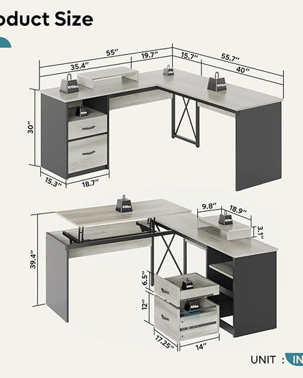 Bestier Lift Top L Shaped Desk with File Drawer, 55'' x 55'' Office Desk with Reversible Storage Drawers, L Shaped Standing Desk with Computer Monitor Stand (Retro Grey Oak Light) - LeafyLoom